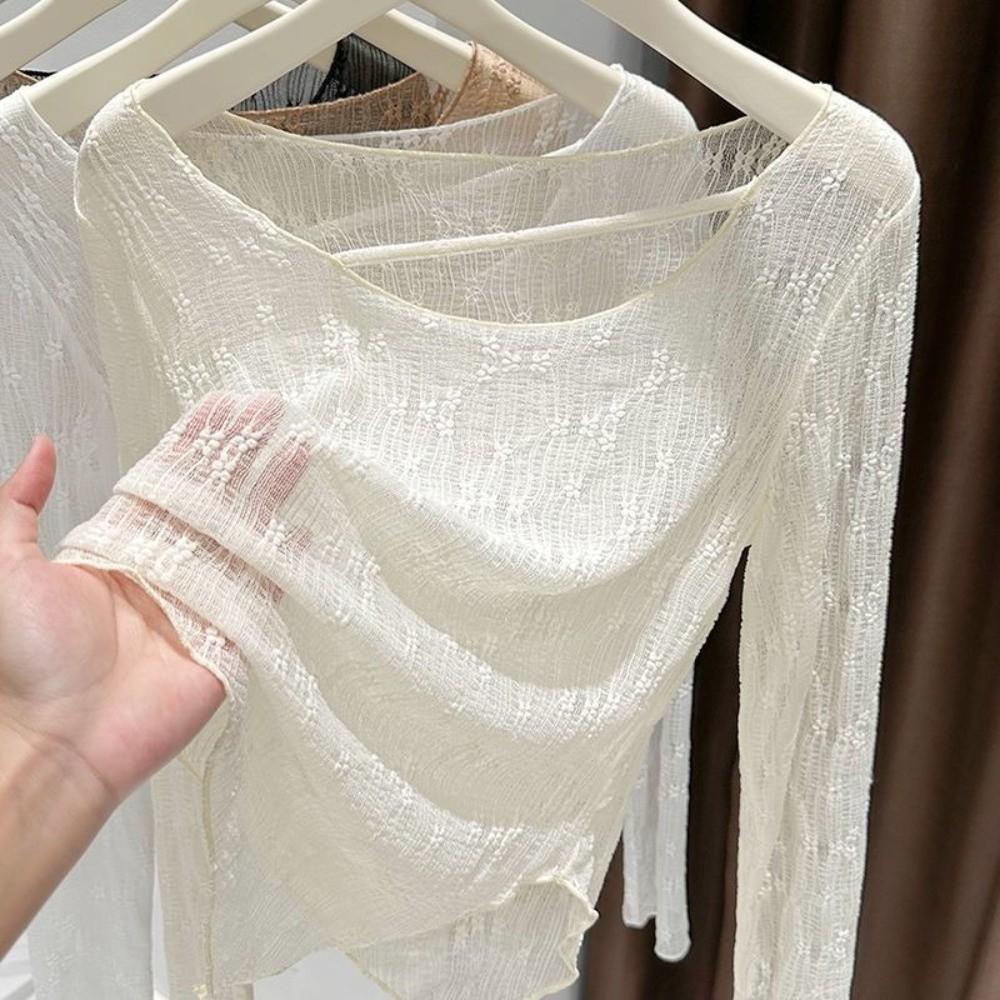 

Round Neck See Through Top Solid Color Beach Sun-protection Cover-up Casual Lace Sheer Top XL абрикосовий