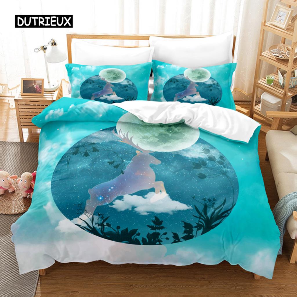 Elch Bettbezug Set Tier Rentier Bettwäsche Set für Kinder Hirsch Tiermotiv für Kind Jugendliche Doppel Queen King Polyester Steppdeckenbezug