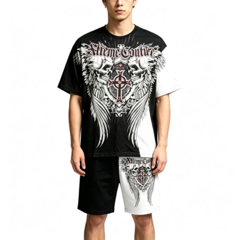 Summer Fashion Casual Retro Skull Angel Wing Printed Round Neck Short Sleeved T-Shirt And Shorts Set Men's and Women's T-shirt Shorts Set