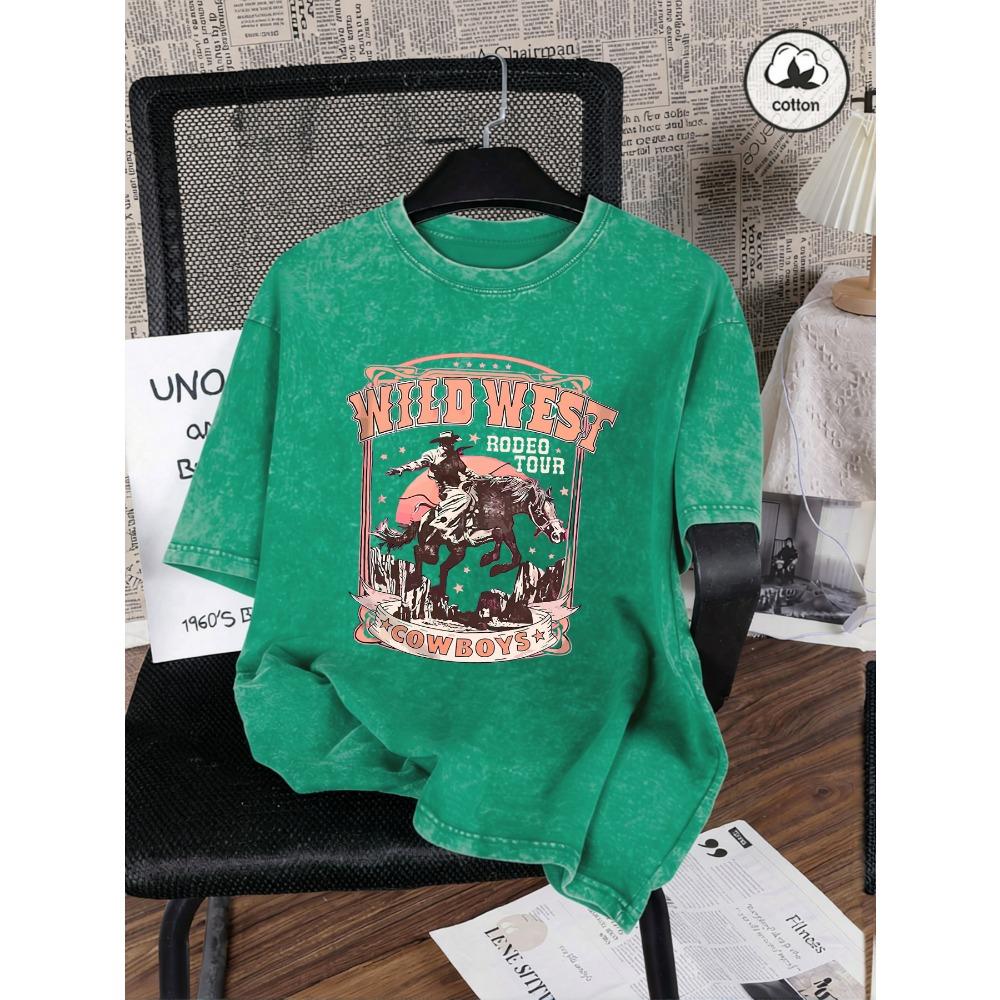 

Wild West Cowboys Print Snow Wash Women Tee Shirts Summer T Shirt Casual Washed Clothes Cotton Oversized Short Sleeves 3XL