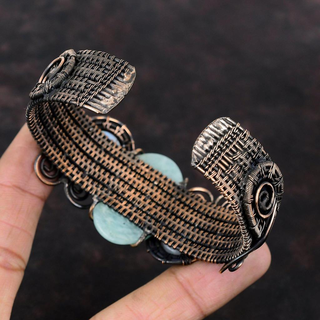 Amazonite Gemstone Cuff Bracelet Copper Wire Wrapped Cuff Rainbow Moonstone Bangle Adjustable Cuff Bracelet Handmade Jewelry Gift For Women