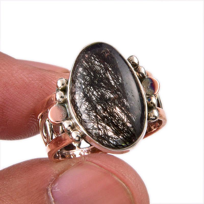

Natural Black Rutile Gemstone 925 Solid Sterling Silver Two Tone Ring S.7 q6m18