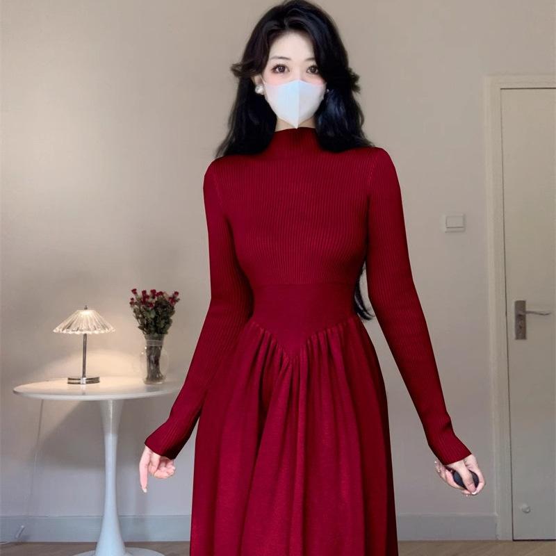 Apricot Long-sleeved Base Semi-turtleneck Knitted Dress for Women's Autumn and Winter Inner Fit Slim-fitting High-waisted A-word Sweater Long Skirt