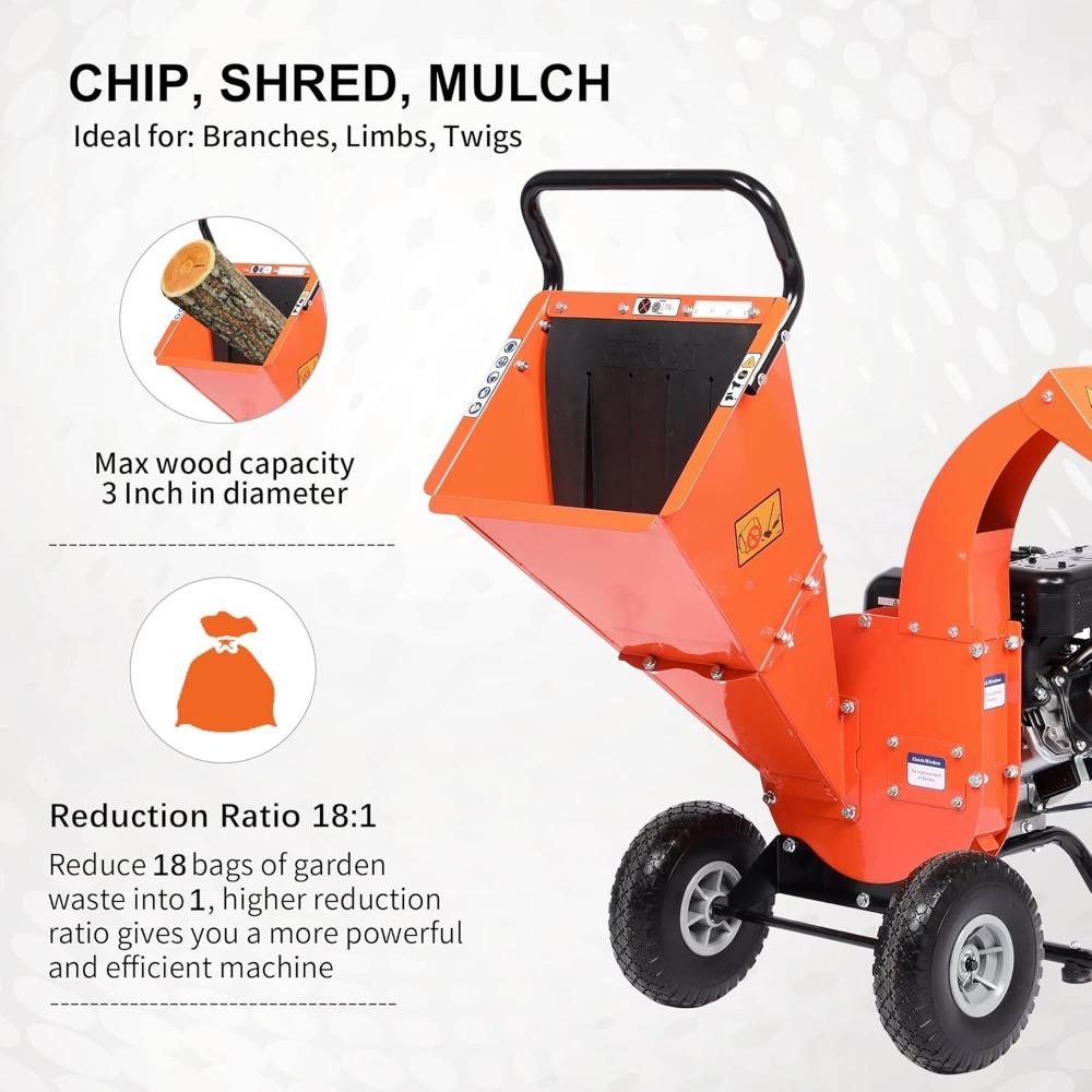 Mini Wood Chipper Shredder Mulcher Heavy Duty 7 HP 212cc Gas Powered Engine 3" Inch Max Wood