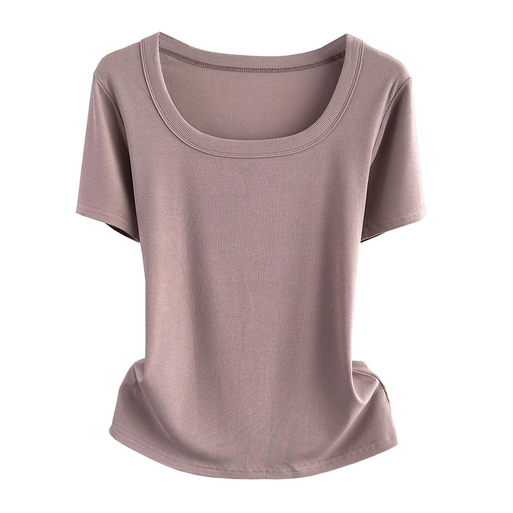 Klassisches geripptes quadratisches Hals-Kurzarm-T-Shirt Locker Schlank Sommer Basis-Oberteil Dehnbar Schlanke Basisschicht Weicher Rippstoff Gut für Innen- und Außenbekleidung Oberteil