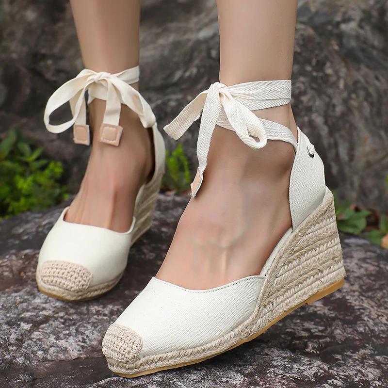 Espadrilles Wedge Sandals for Women Summer 2025 Closed Toe Ankle Strap Slingback Sandals Woman Comfort Lace Up Casual Sandalias