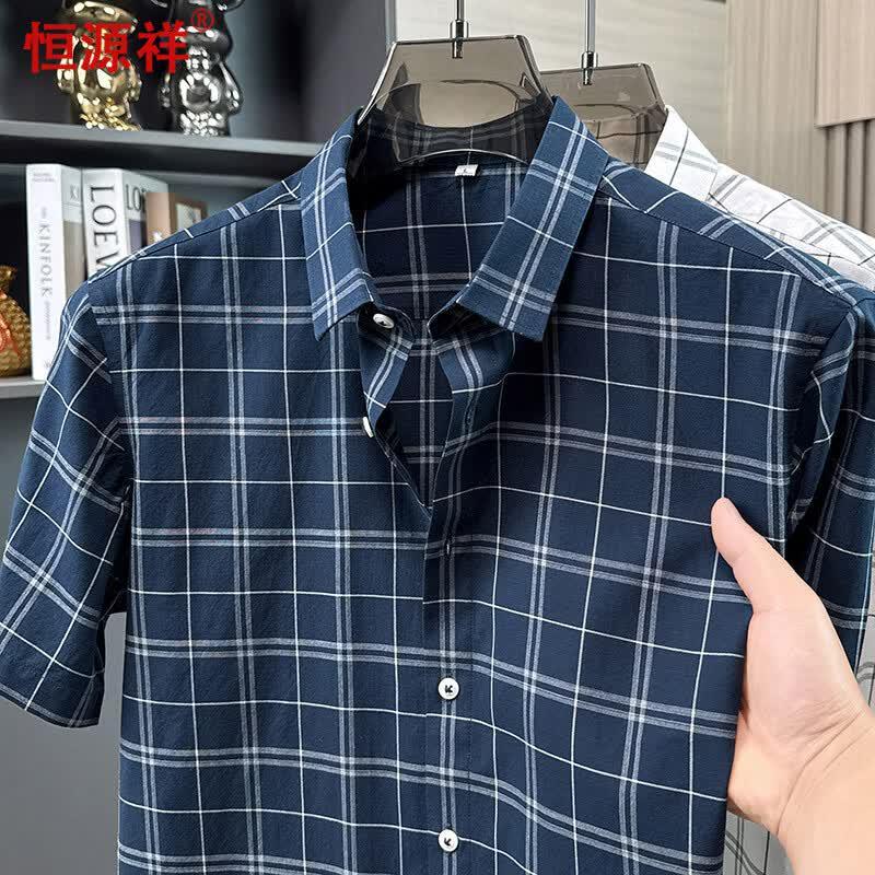 Hengyuanxiang Men s Plaid Cotton Short-Sleeve Shirt M