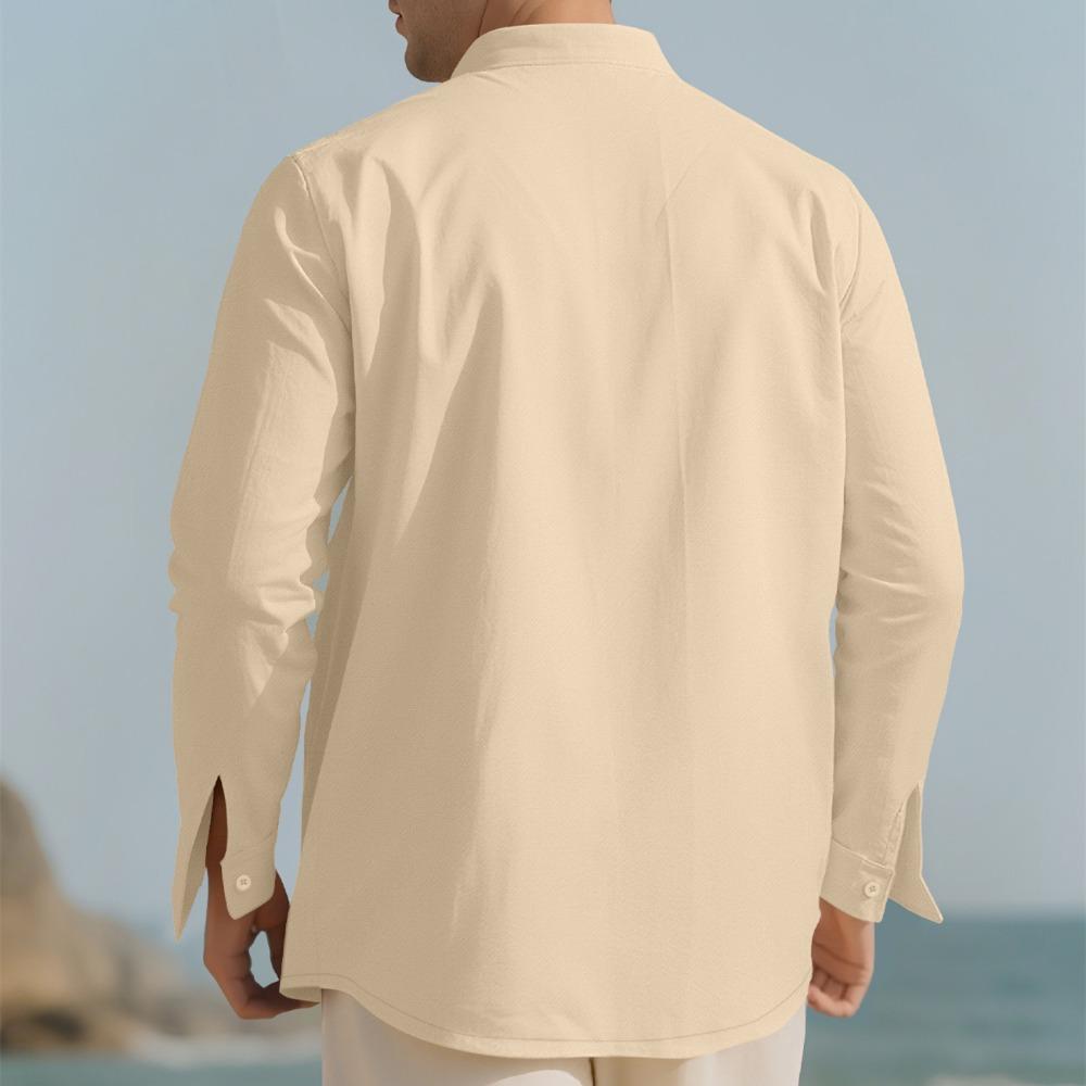 Pánské bavlněné lněné tričko s dlouhým rukávem Tenký volný top Retro Vintage Módní městské oblečení Stojatý střih Mládežnická velikost