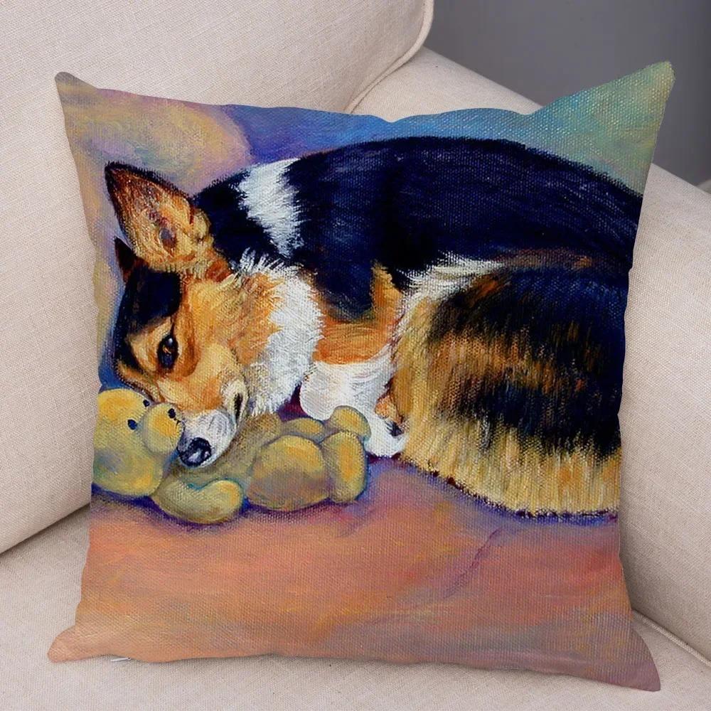 Cute Pet Dog Welsh Corgi Animal Print Cushion Cover Sofa Home Car Pillow