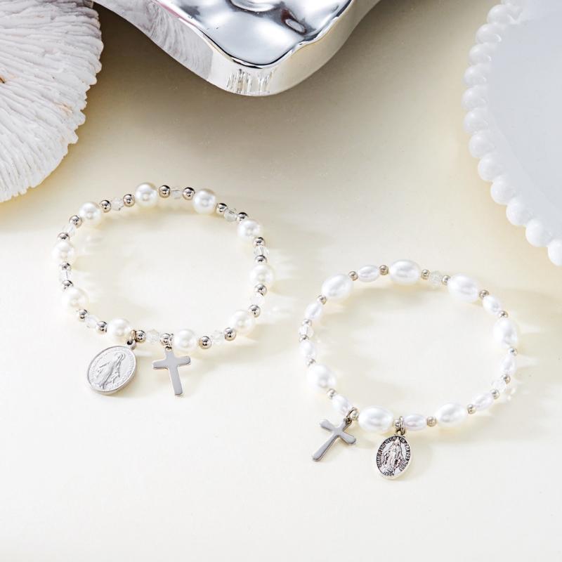 Elegant Imitation Pearls And Crucifix Bracelet Chain With Retro Design For Versatile Occasion Use Commute Casual Party