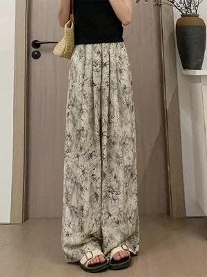 Yazlık Kadın Geniş Paça Mürekkep Boyalı Yüksek Bel Buz İpeği Pantolon - Yeni Çin Tarzı, Günlük ve Havalı