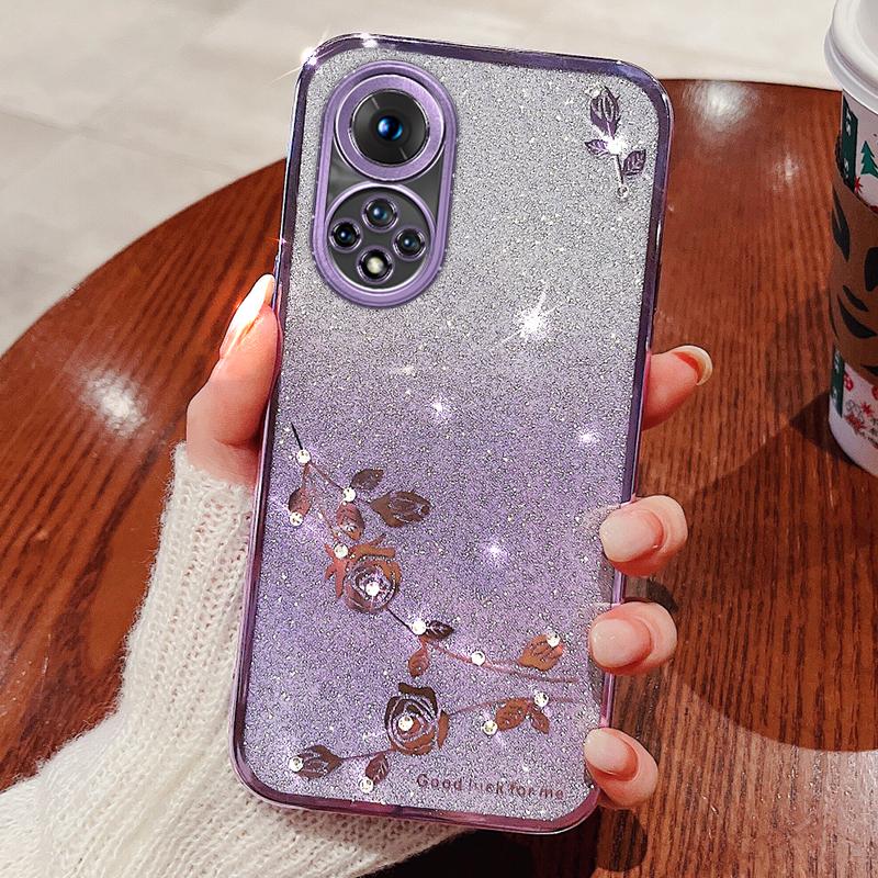 

KADEM For Huawei nova 9 Anti-Scratch Rhinestone Design Phone Shell Case Flower Pattern Decor Glitter Powder Soft TPU Cell Phone Cover Purple