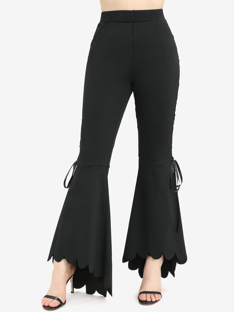 Rosegal Plus Size Lace Up Side Scalloped Hem Solid High Low Asymmetric Flare Pants