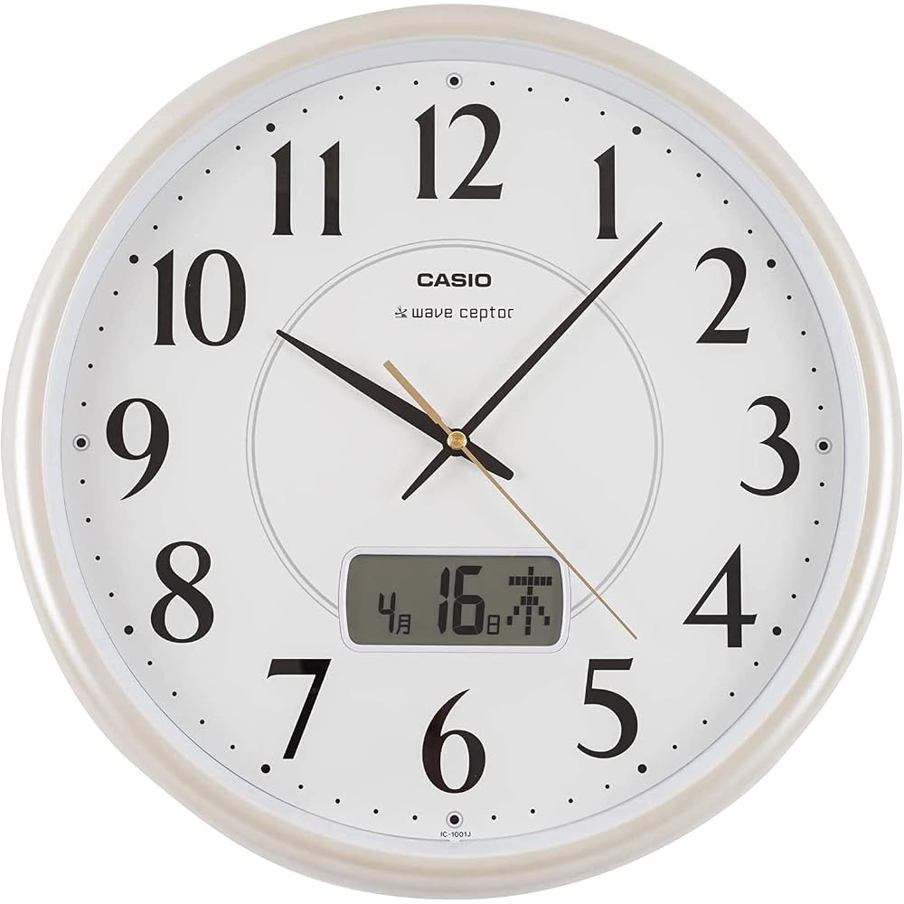 CASIO Wall Clock, Radio-Controlled, White/Champagne Color, Analog, Calendar, IC-1001J-9JF