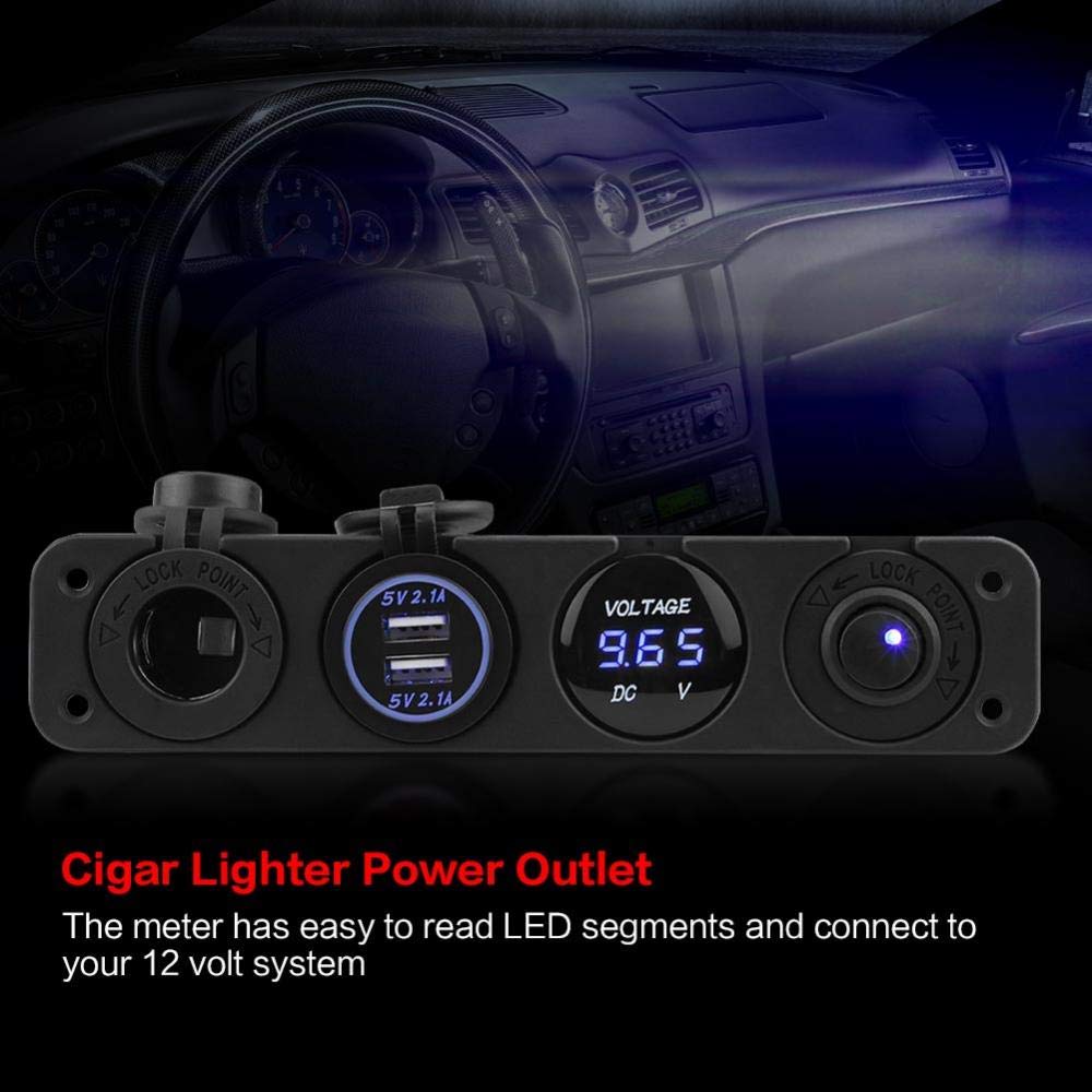 Switch Panel, 12-24V LED Dual USB Charger Voltmeter, Cigarette Lighter Power Outlet, 4 Hole