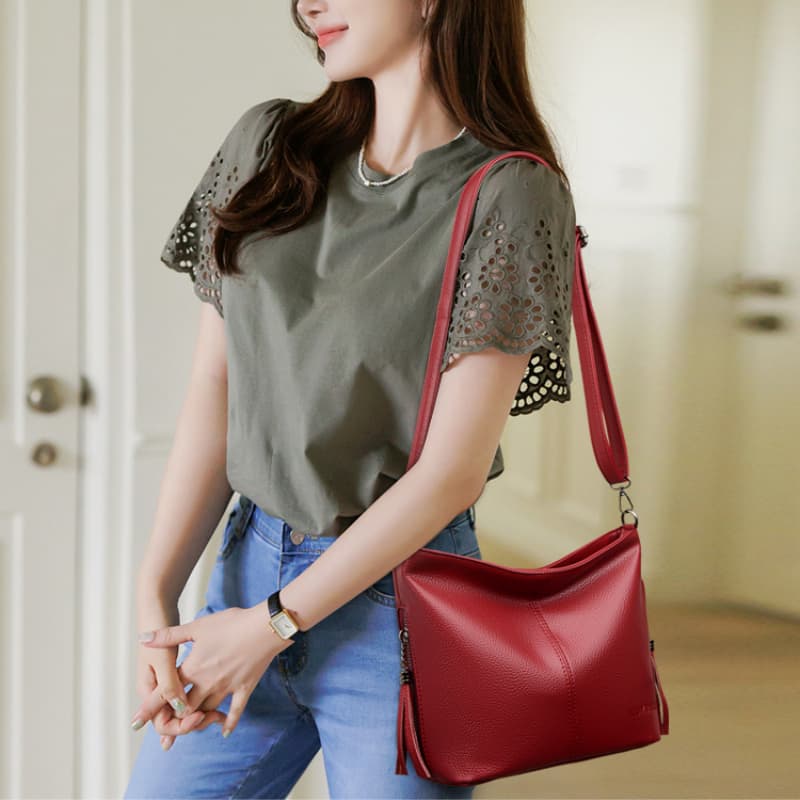 Soft leather fringed shoulder bag Crossbody tote women's bag