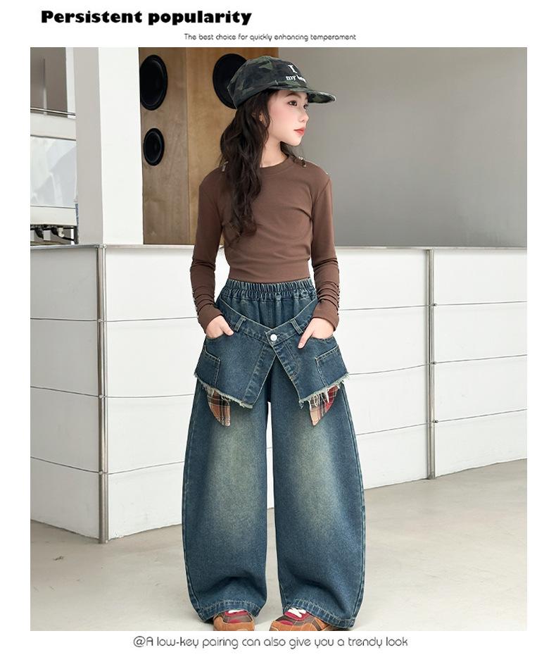 Girls' Wide-Leg Autumn Jeans - Trendy Floor-Length Trousers for Middle Schoolers