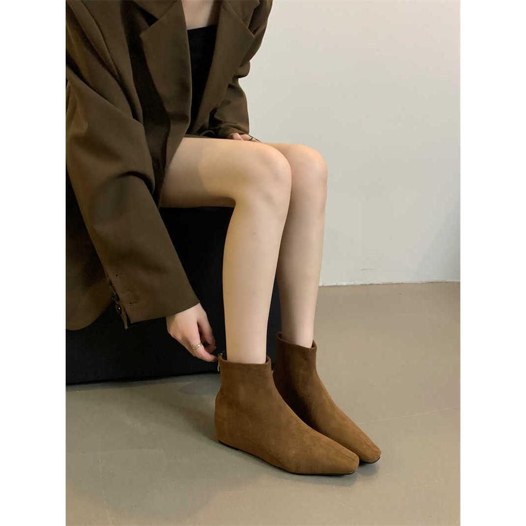 New Inner Height-increasing Square Head Medium and Low Heel Short Boots 2025 Autumn and Winter Wedge and Ankle Boots Leopard Print Flat-soled Thin