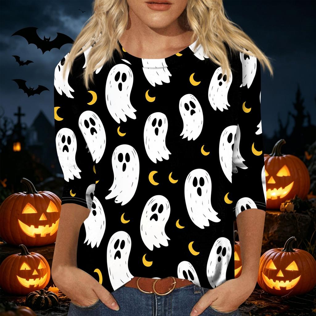 Women's Casual Halloween Print Pullover Top Lightweight Long Sleeve Round Neck Shirt for Fall Seasonal Wear