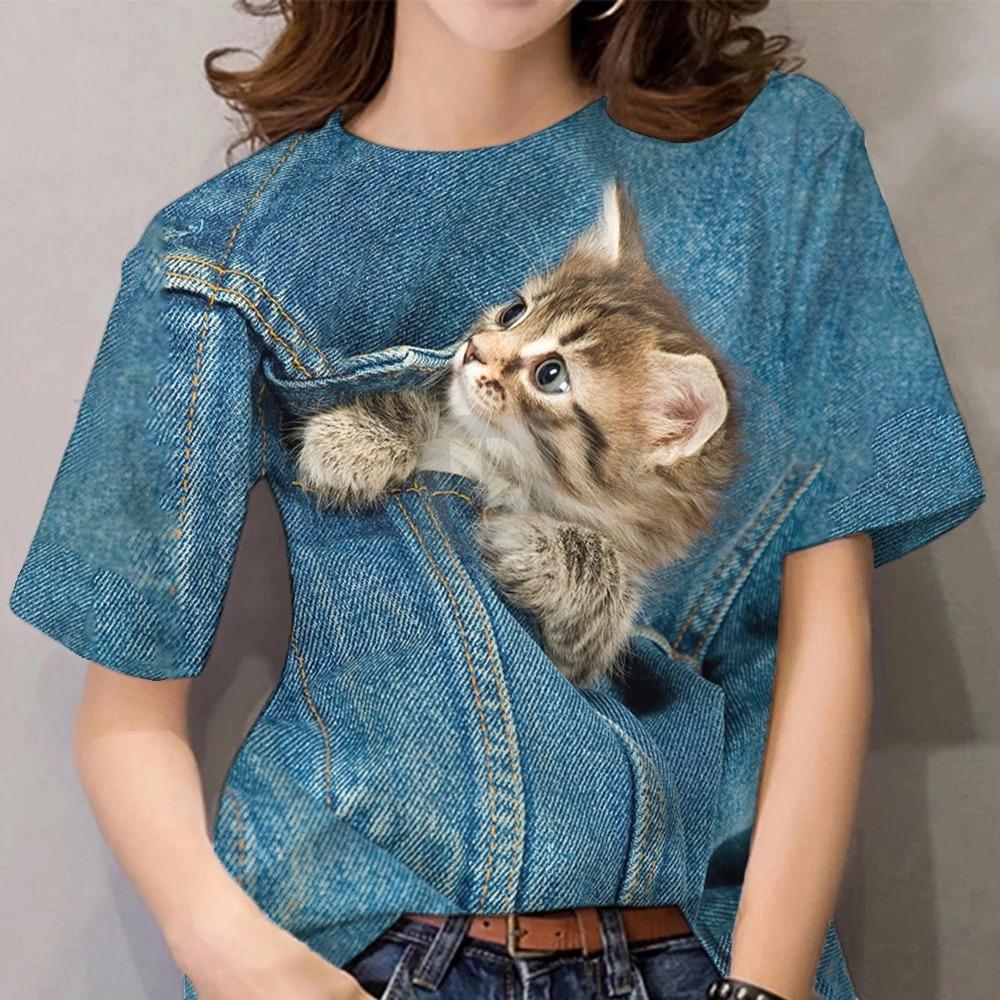 

Women s clothing 3D cat print T-shirt, Harajuku animal T-shirt, round neck T-shirt, short sleeved clothing 5XL