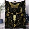 Golden Deer Skull & Butterfly Nap Blanket, Occult Botanical Gothic Air Conditioning Blanket, Cozy Bedroom & Witchy Decor Blanket