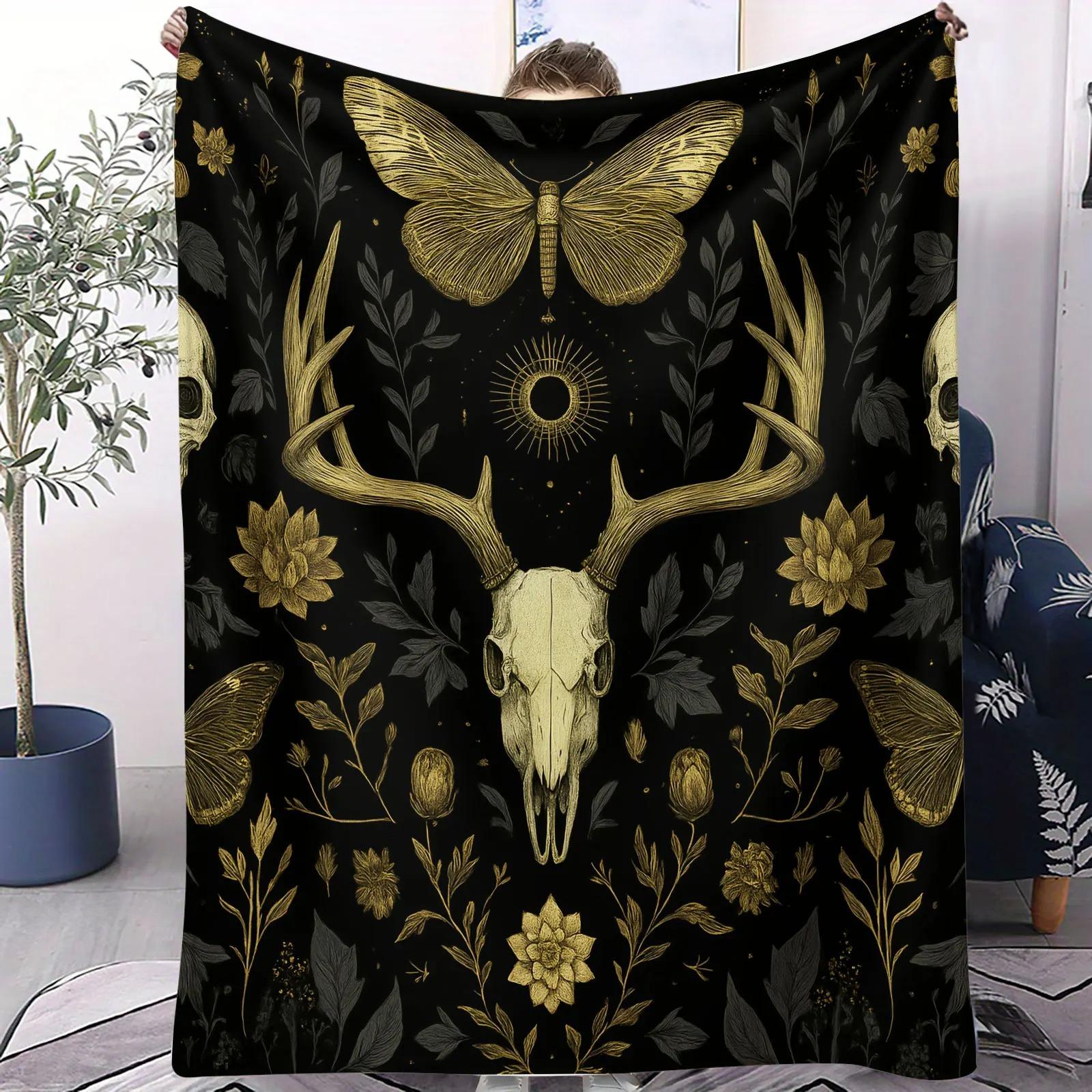 Golden Deer Skull & Butterfly Nap Blanket, Occult Botanical Gothic Air Conditioning Blanket, Cozy Bedroom & Witchy Decor Blanket 70x100cm