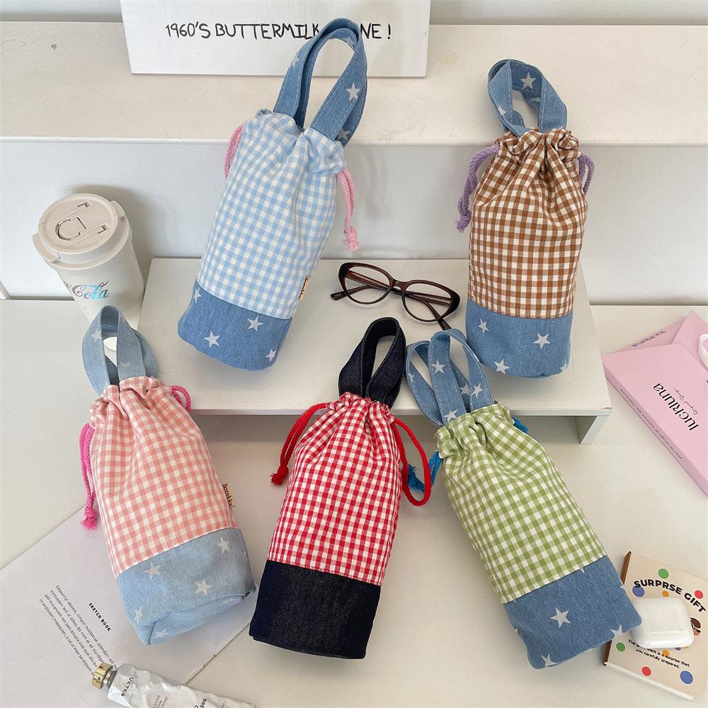 5841 Splicing plaid water cup bag, drawstring, water cup bottle, thermos cup storage bag, anti-scalding tote bag when going out