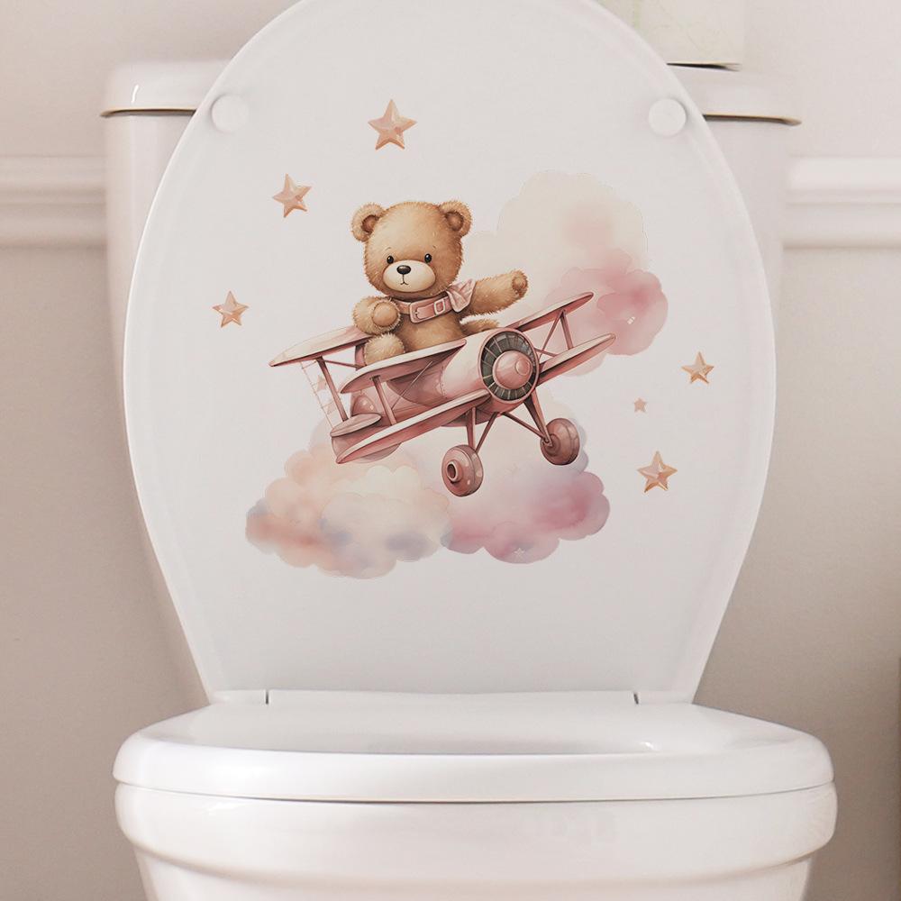 Fun-m120 Cartoon Bear Open Airplane Toilet Stickers Bathroom Bathroom Beautification Wall Stickers Self-adhesive