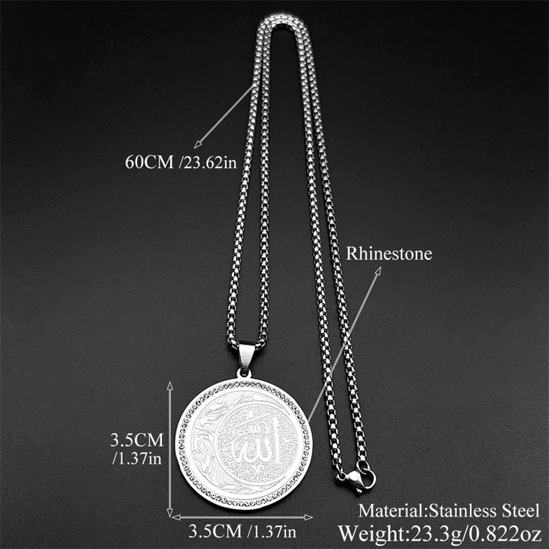 Arabic Quran Allah Medal Crescent Moon Necklace for Women Men Rhinestones Stainless Steel Gold Color Islam Muslim Chain Jewelry