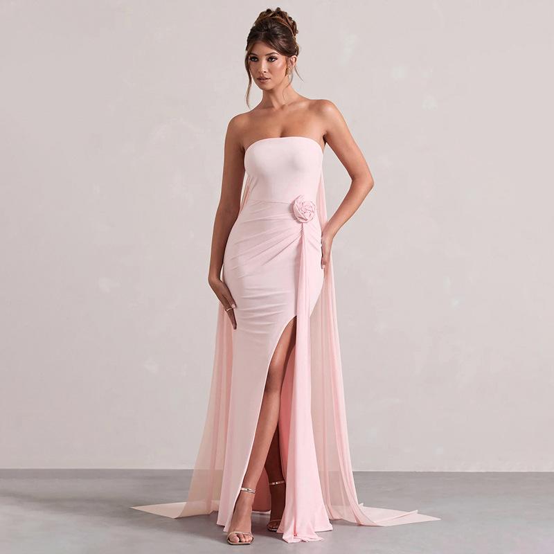 Autumn new long dress temperament tube top sleeveless one-word shoulder European and American split dress trailing dress
