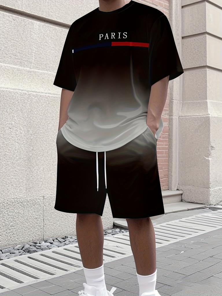 Men's Letter Print Crew Neck Short Sleeve Stylish Streetwear Men's Fashion Set Summer Casual Outdoor Vacation Two-Piece Set