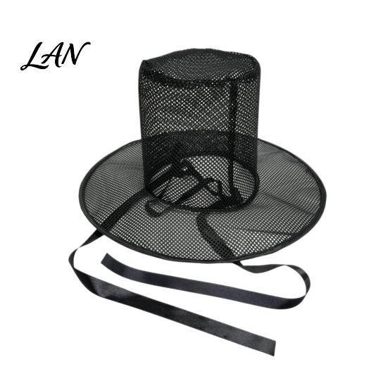Breathable Costume Hat Vintage Korean Gat Hat, Black Mesh Wide Brim Joseon Dynasty Halloween Performance Scholar with Neck Strap, Cosplay Accessory