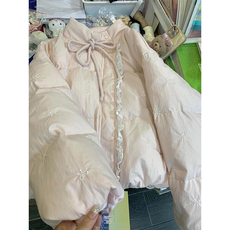 Women's Embroidered Bow Tie Stand Collar Lace Jacket – Winter Style, Warm Cotton Padded, Sweet Splicing Design
