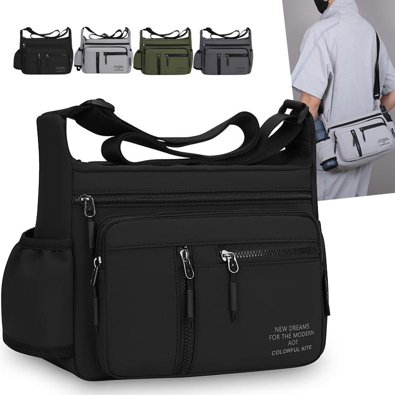 Men's Crossbody Bag Large Capacity Waterproof Shoulder Travel Bag Business Nylon Zipper Soft Backpack with Bottler Holder