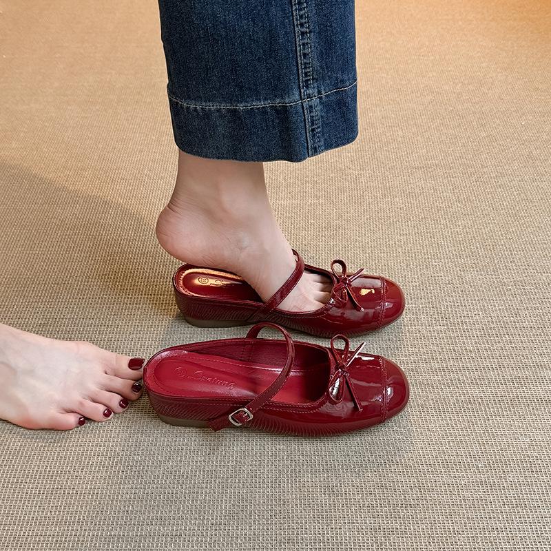 Small inner height increase silver bow bag head half slippers women's summer wear 2025 new one-word with thick bottom