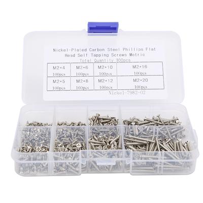 Boîte de 800 pièces M2 Acier au Carbone Nickelé Tête Fraisée Cruciforme Vis Autotaraudeuse Ensemble Combiné