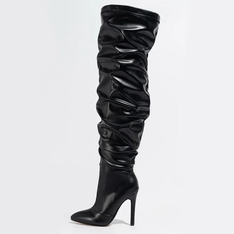 Women Side Zipper High Thin Heel Long Boots Spice Girl Pleated Over Knee High Boots for Outdoor Nightclub Pub Party Gathering