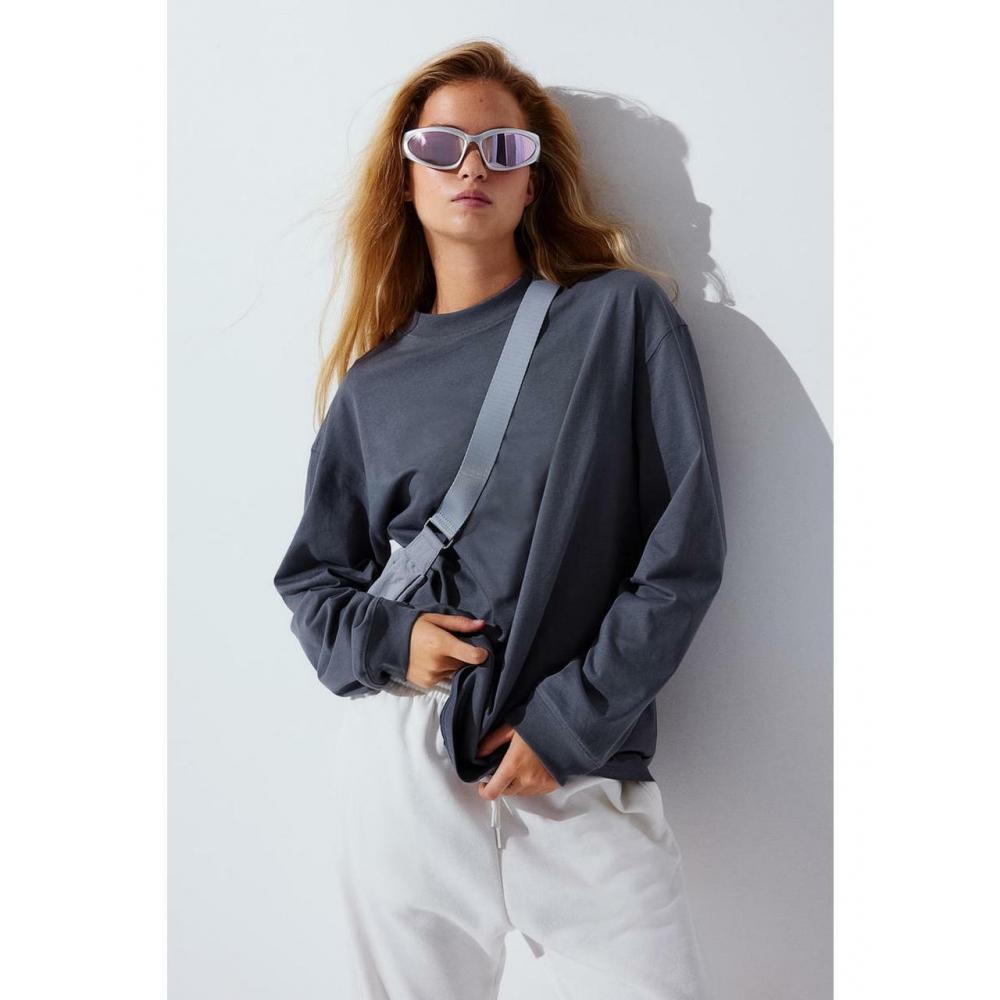 

Трикотажный топ с длинными рукавами HM темно-серый 1113691008