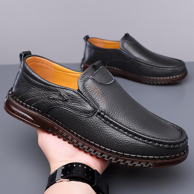 One-pedal Lightweight Middle-aged Shoes, Leather Shoes, Men's Cowhide Low-top Foot-fitting, Beef Tendon Sole Casual Shoes 2025