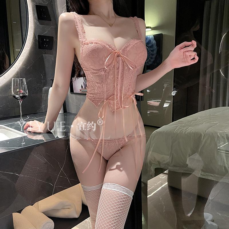 Sexy lace Seductive vest Set Steel Ring Gathering See-through Romantic underwear Bed Uniform Pajamas 8970