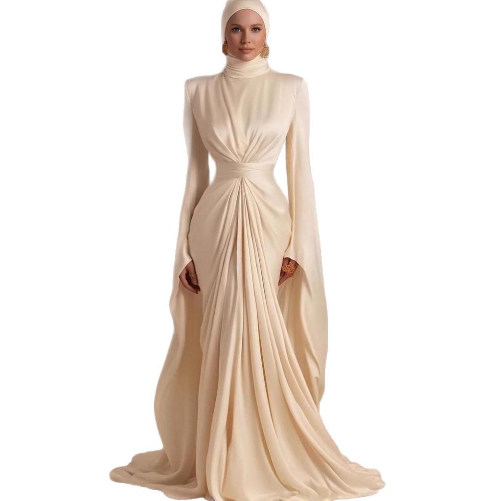 European & American Women's Satin High Neck Casual Formal Dress, High Waist with Lace-up Design, New 2025 Style