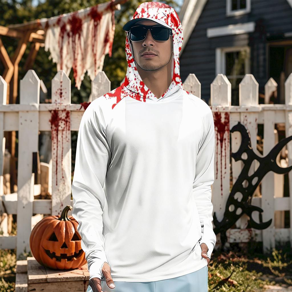 Men's Long Sleeve Hooded T-Shirt Quick Dry Sun Halloween Print for Fishing Gym Outdoor