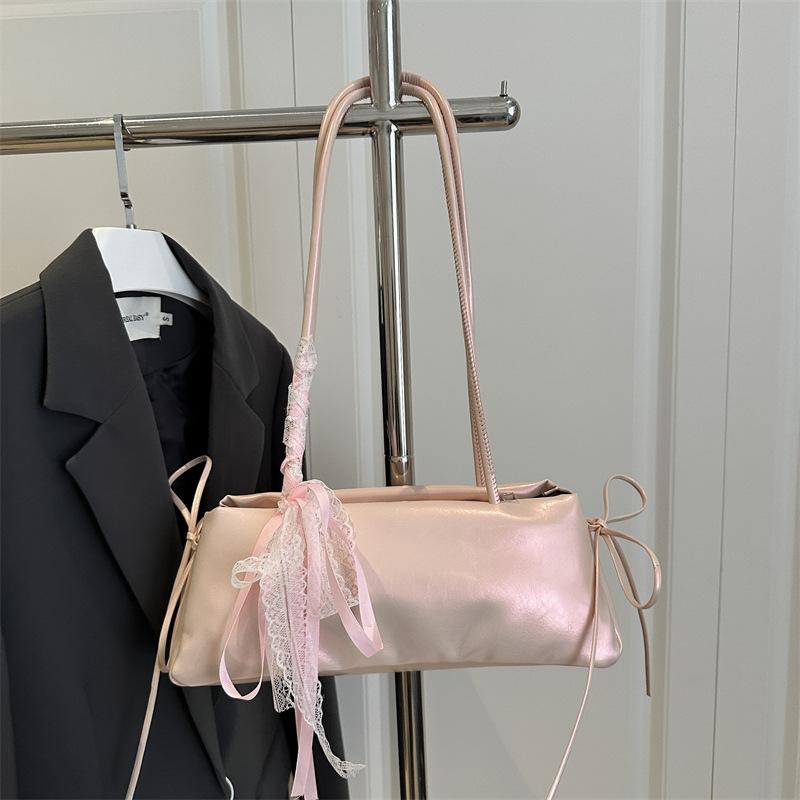 Fashion Sweet Faux Leather Tote Shoulder Bag with Lace Ribbon Bow Detail Design Handbag Cute Crossbody Purse for Women