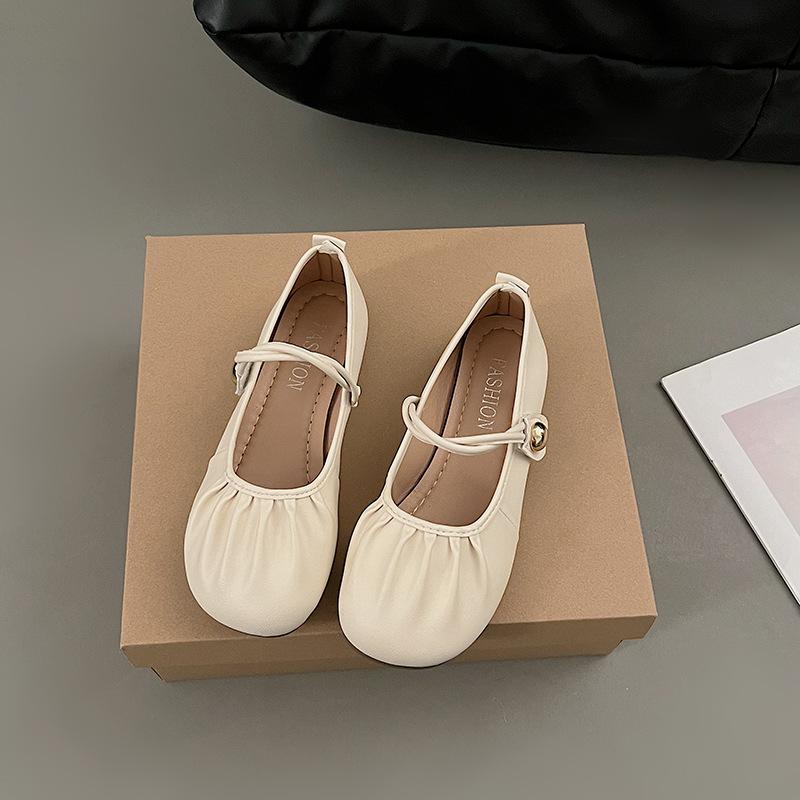 Плоские туфли-лодочки женские 2025 лето новые серебристые нежный вечерний бриз с юбочными складками Мэри Джейн маленькие кожаные туфли 35 бежевый 2157₽