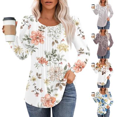 Long Sleeve Shirts For Women Tops Dressy Casual Blouses Pleated Scooped Neck Tunic Tops