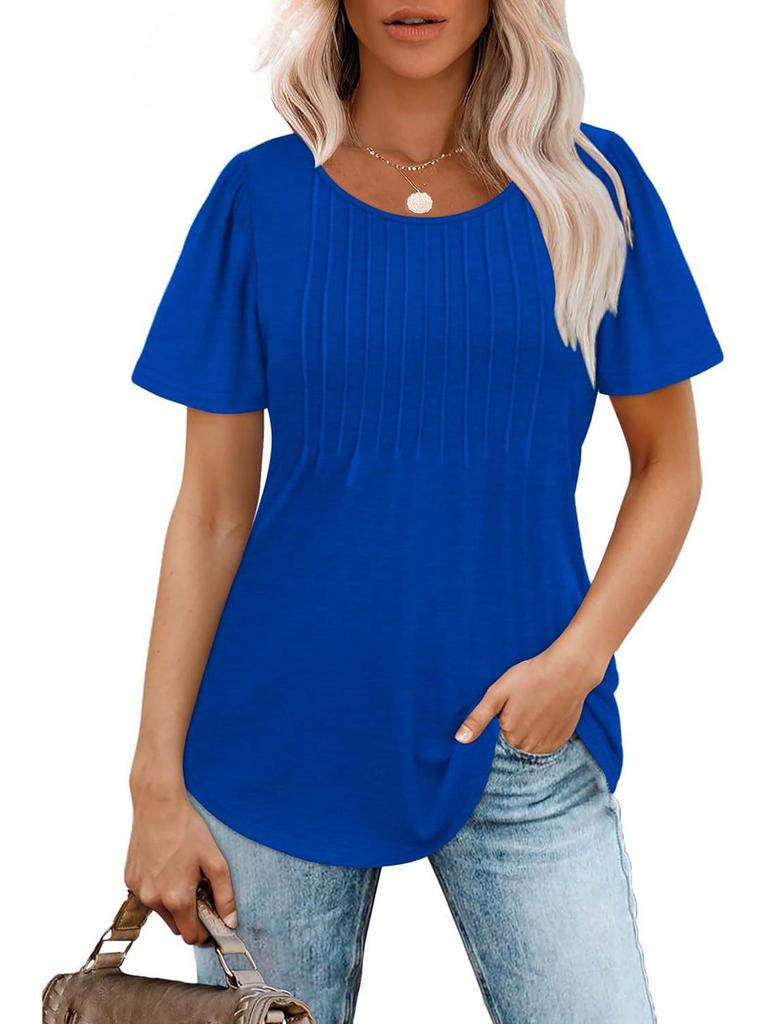 Pleated Round Neck Short Sleeve Women's T-Shirt - New 2024 European & American Style