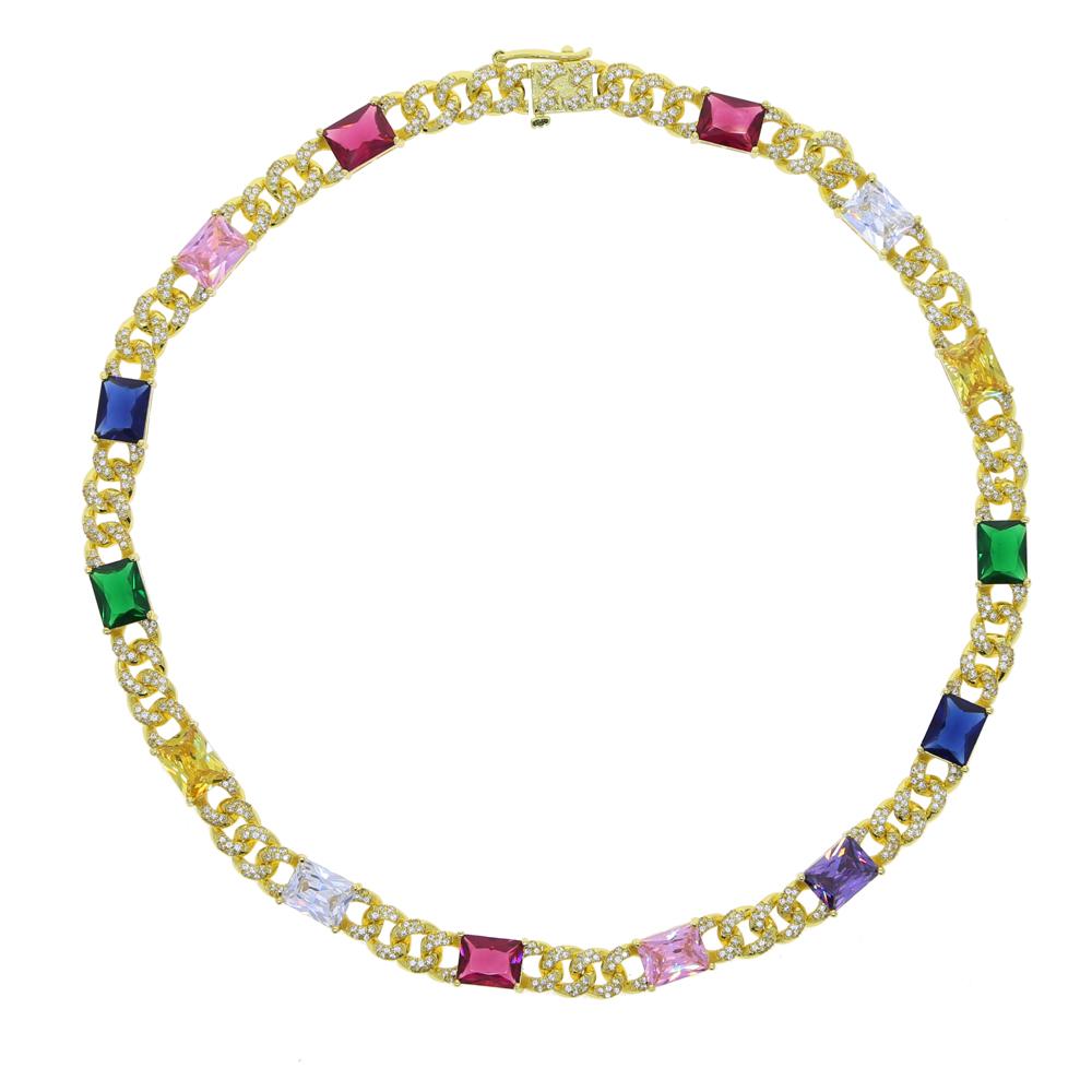 High Quality Bling Iced Out Women Jewelry Micro Pave Cz Charm Colorful Rectangle Cuban Link Chain Women Necklace 16inches(40.64cm)