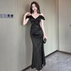 Chic Off-Shoulder Spaghetti Strap Evening Gown - Slim-Fit, Slit, Age-Defying Style