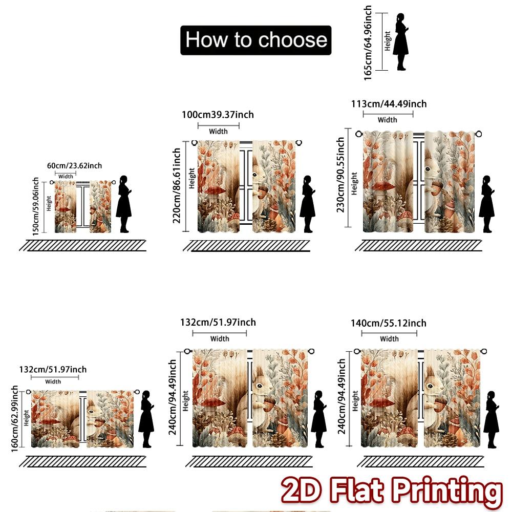 2pcs, 2D FLAT PRINTING Curtains (Without Rod) Autumn Squirrel Christmas Festival Creative Curtains Polyester Easy Install