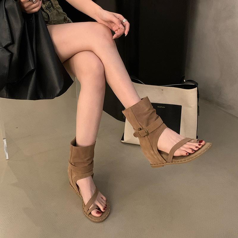Women Western Cowboy Boots Fashion Clip Toe Back Zipper Mid Calf Booties Internal Elevation Shoes